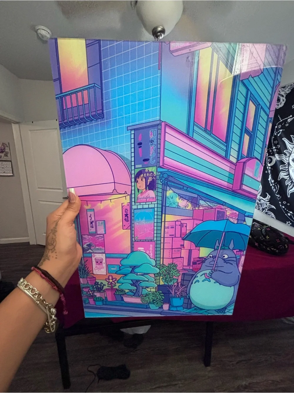 Vibrant Neon City Anime Print with Totoro Illustration